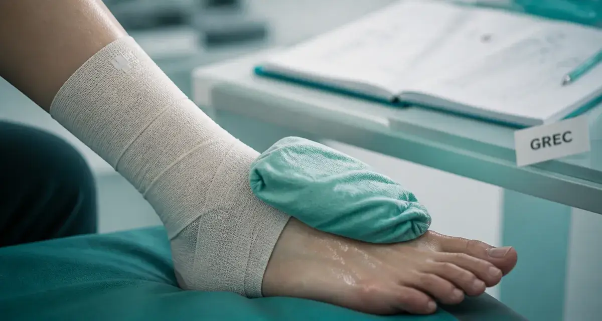 Douleur cheville : compresse froide et bandage élastique sur le cou-de-pied