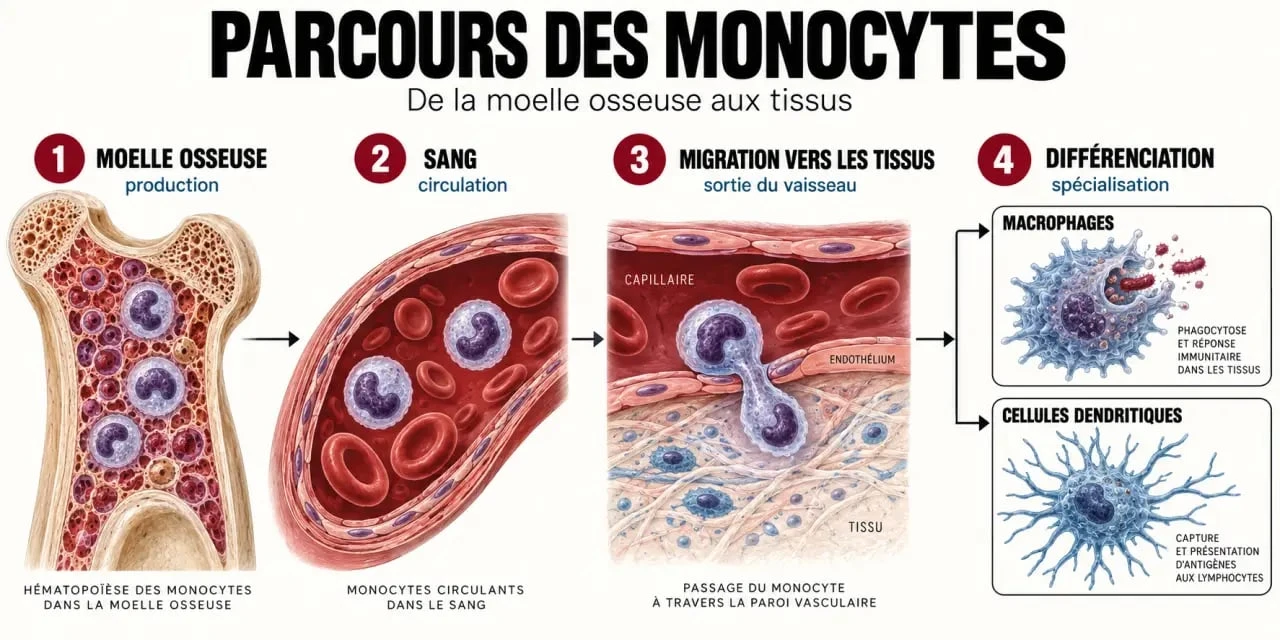 Monocytes élevées : schéma de la production et de la transformation des monocytes dans l’organisme