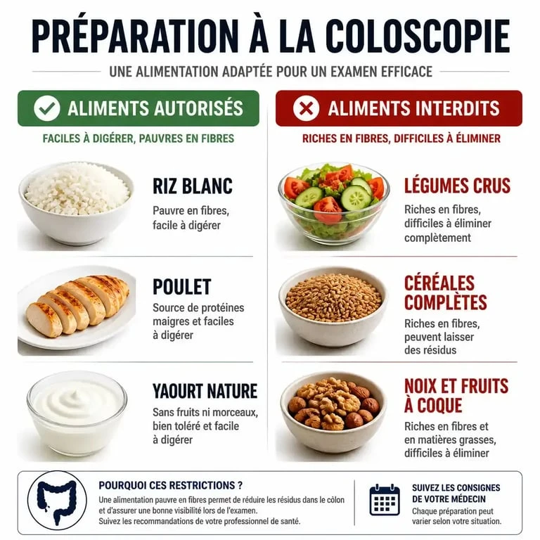 Tableau comparatif des aliments autorisés et interdits pour le régime avant coloscopie