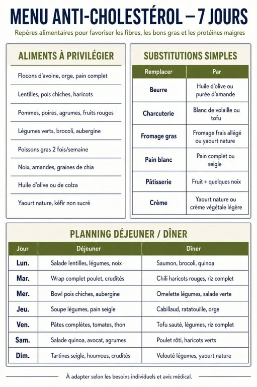 Recettes anti-cholestérol gratuites pdf : menu hebdomadaire et substitutions alimentaires simples