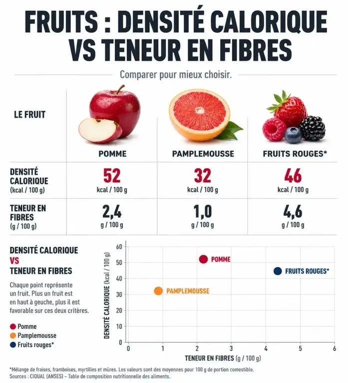 Infographie comparative des fruits pour régime : calories et fibres