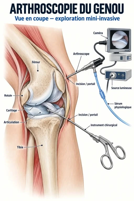 Schéma explicatif d’une arthroscopie du genou avec arthroscope et petites incisions