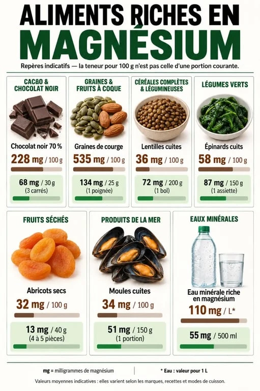 Dans quels aliments trouve-t-on le magnésium : principales sources alimentaires et portions courantes