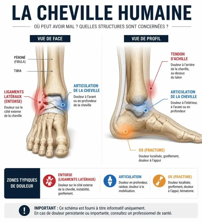 Douleur cheville : schéma des zones douloureuses et des principales structures anatomiques