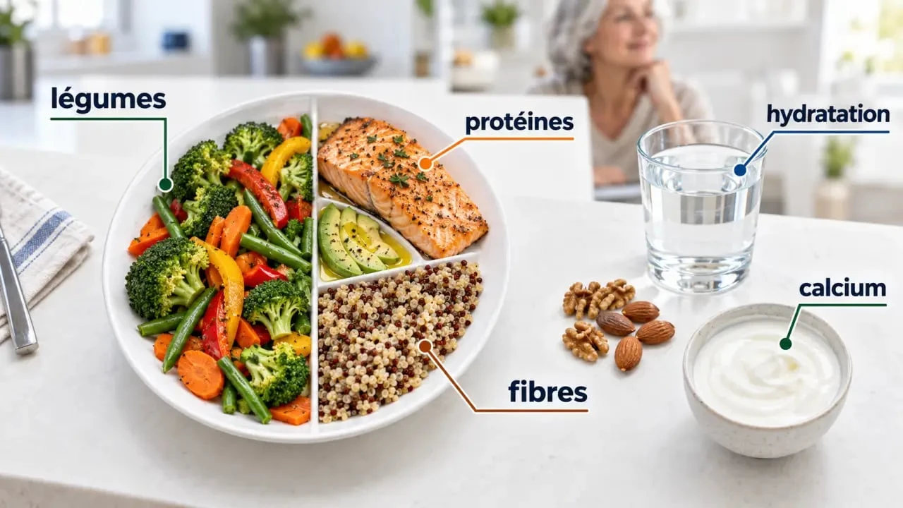 Rééquilibrage alimentaire après 50 ans : composition d’une assiette équilibrée avec protéines, fibres, calcium et hydratation
