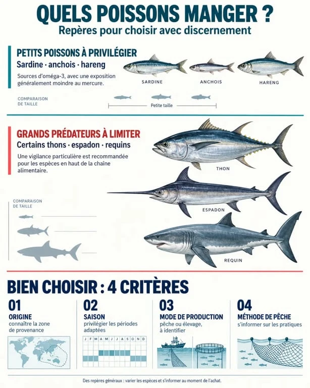 Infographie sur quels poissons manger : espèces à privilégier, poissons à limiter et critères de choix responsable