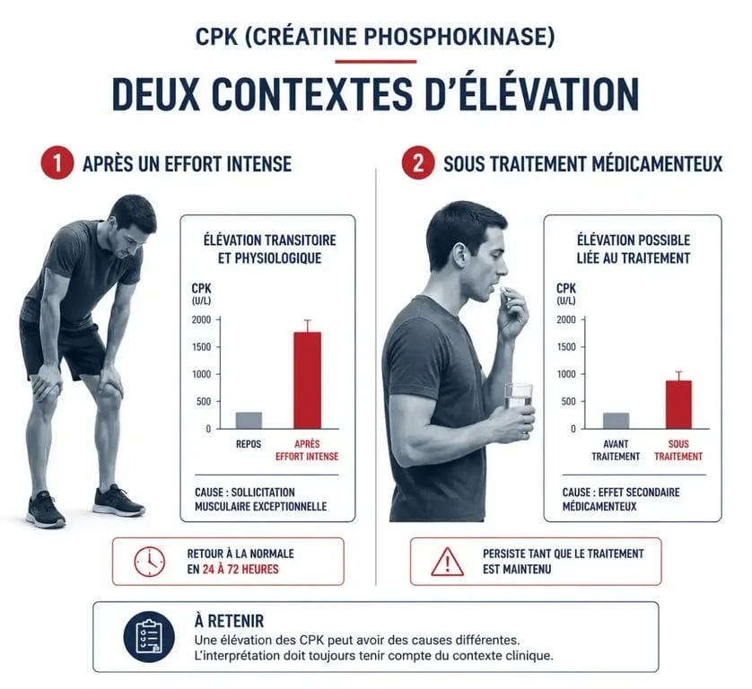 Comparaison visuelle entre CPK élevée après effort physique et sous traitement par statine