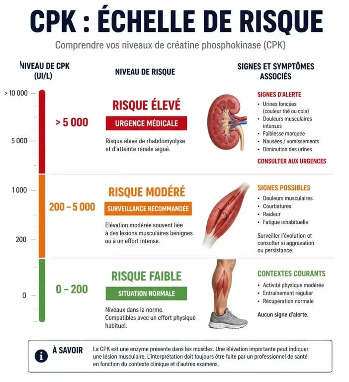 Infographie des niveaux de risque et symptômes associés à un taux de CPK élevé