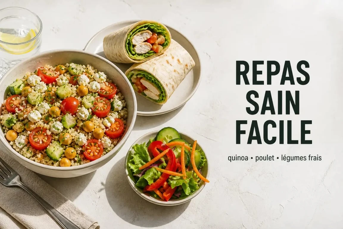 Recettes saines faciles avec un bowl de quinoa, pois chiches et légumes frais