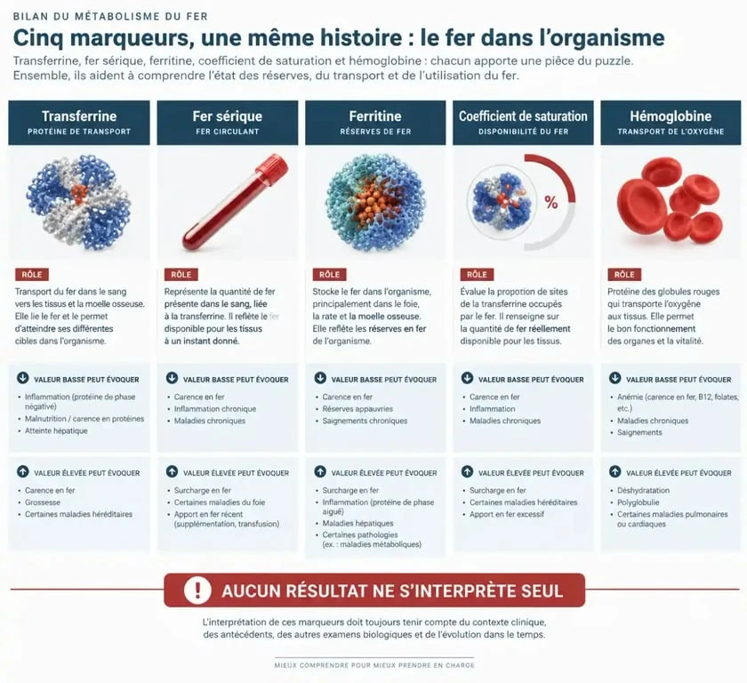 Infographie comparative pour comprendre une transferrine basse et les autres marqueurs du bilan du fer