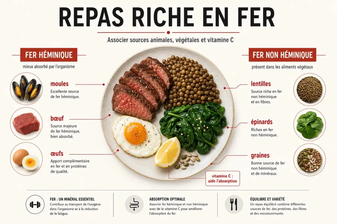 Repas riche en fer : synthèse visuelle des sources de fer héminique et non héminique