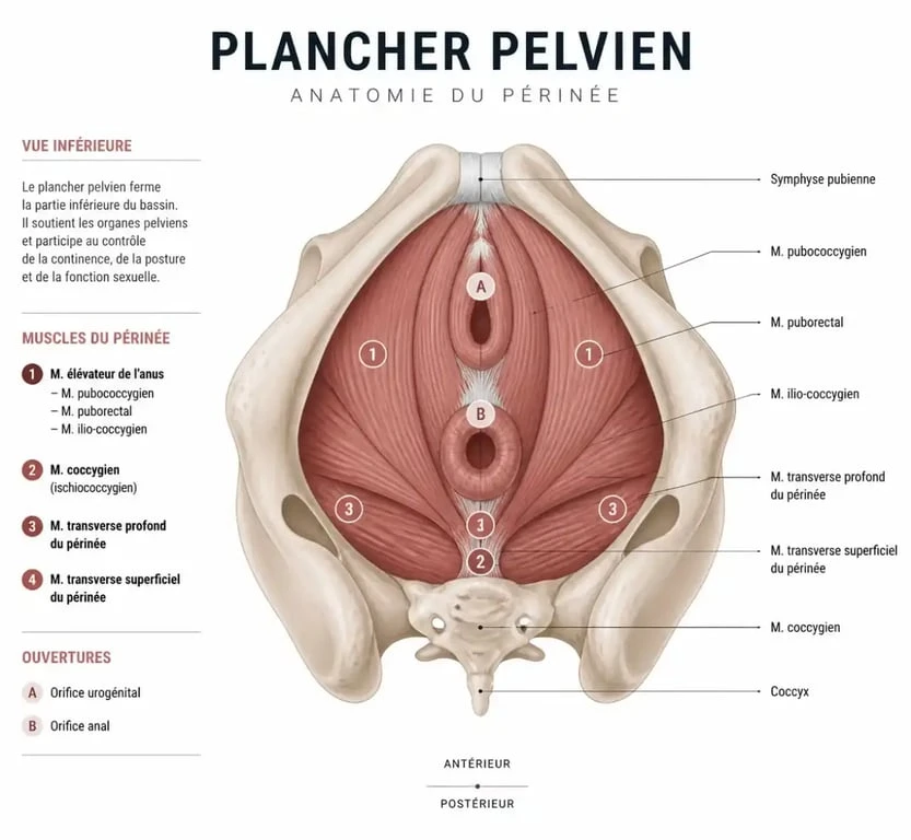 Schéma explicatif du plancher pelvien pour comprendre l'incontinence urinaire et les remèdes de grand-mère