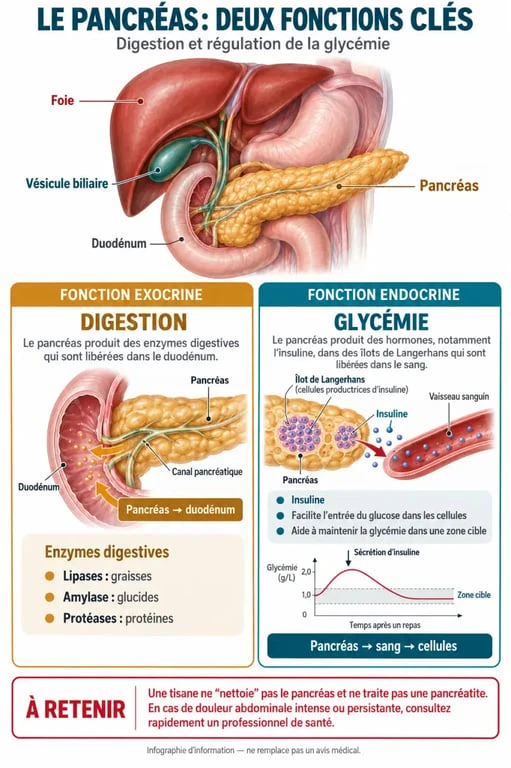 Infographie sur la tisane pour nettoyer le pancréas et les fonctions réelles du pancréas