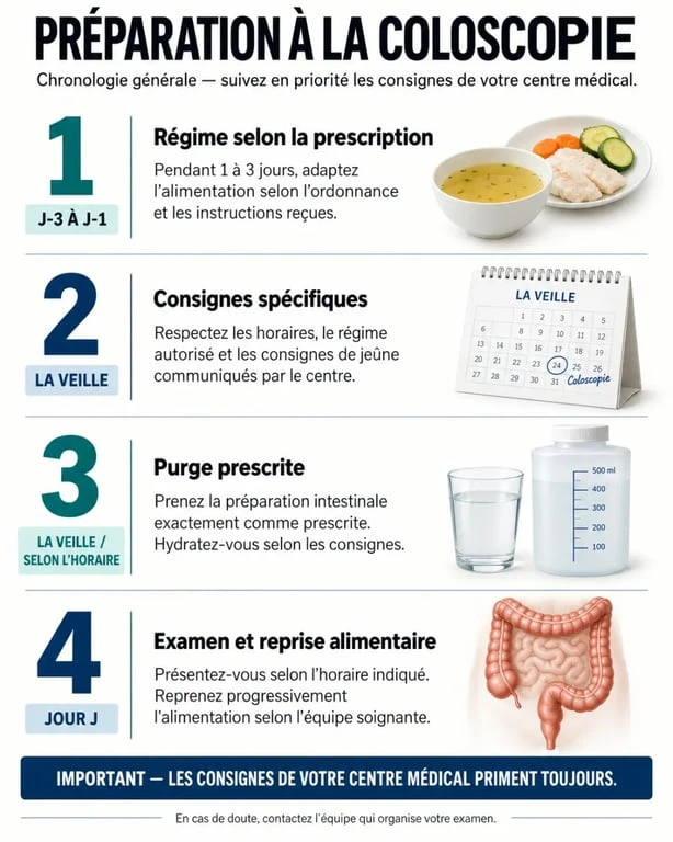 Calendrier visuel du régime sans fibres avant une coloscopie