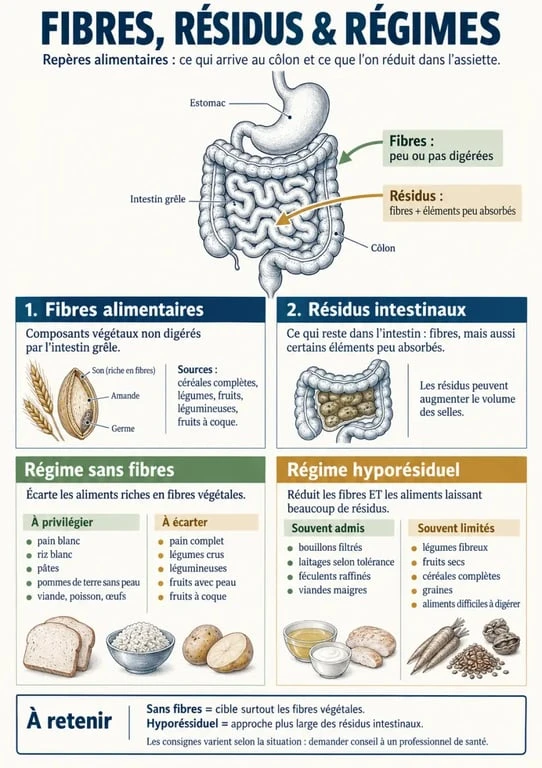 Infographie sur le régime sans fibres et les aliments autorisés ou interdits
