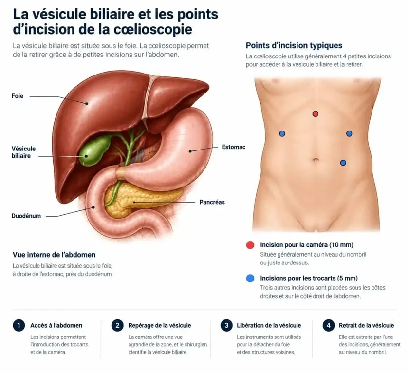 Schéma anatomique de l'ablation de la vésicule biliaire par cœlioscopie
