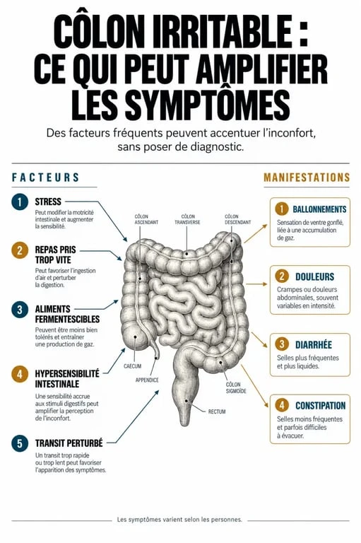 Infographie sur le côlon irritable et les facteurs qui influencent les symptômes digestifs