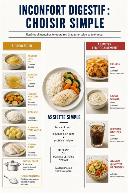 Infographie sur les aliments faciles à digérer, les cuissons douces et les aliments à limiter
