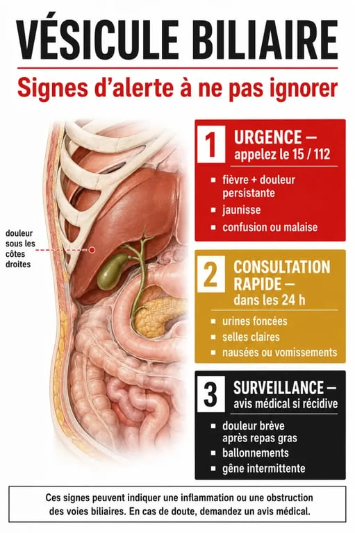 Signes d’alerte du vésicule biliaire symptôme avec douleur, fièvre, jaunisse et niveau d’urgence