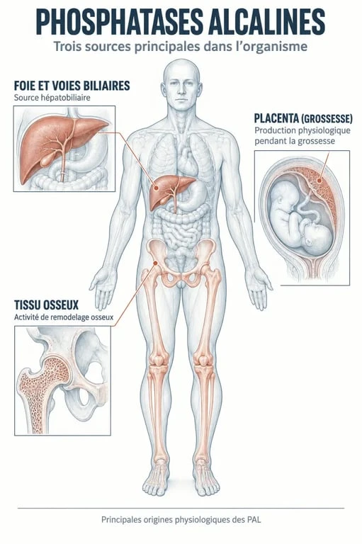 Schéma des origines d'une phosphatase alcaline élevée : foie, os et grossesse