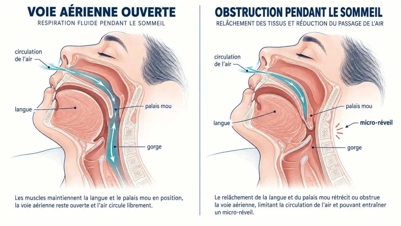 Schéma du mécanisme de l’apnée du sommeil et des voies aériennes obstruées