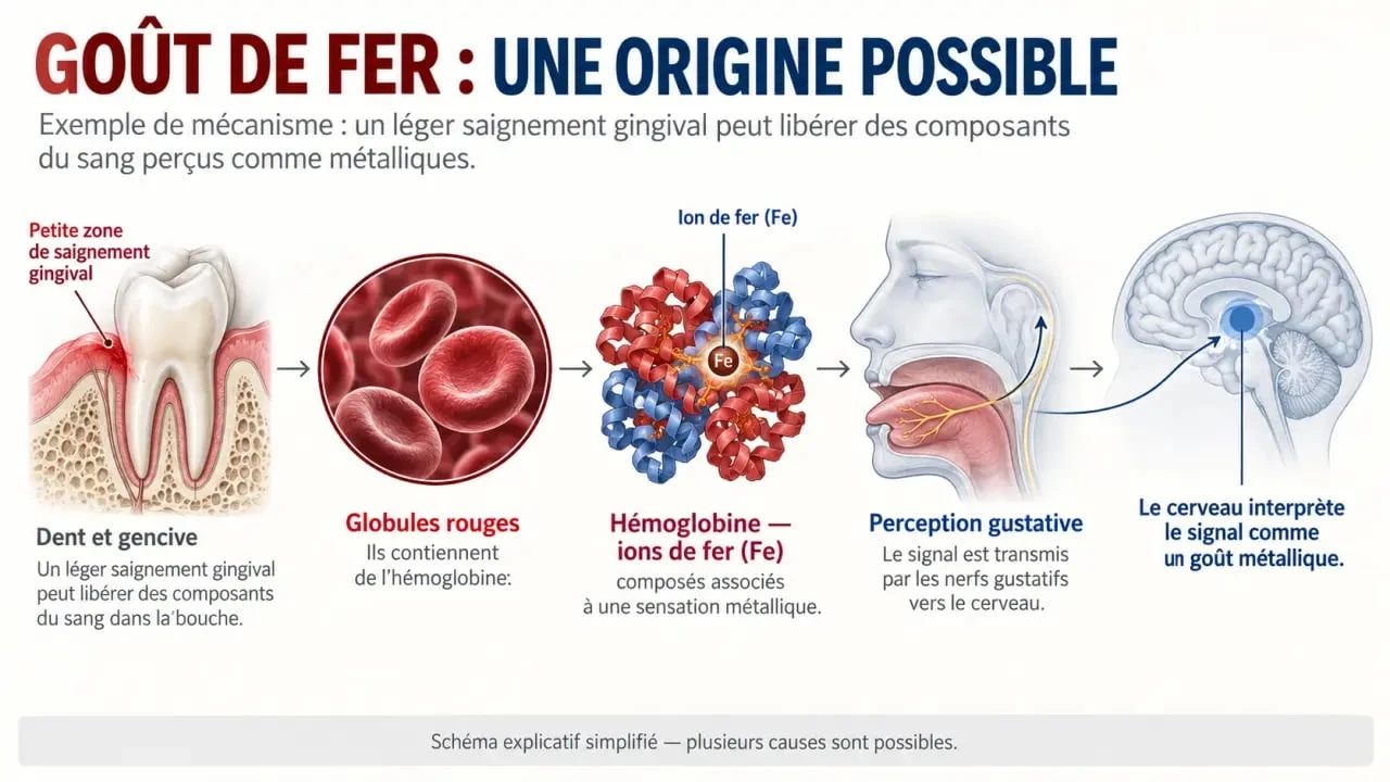 Schéma expliquant un goût de fer dans la bouche après un saignement des gencives