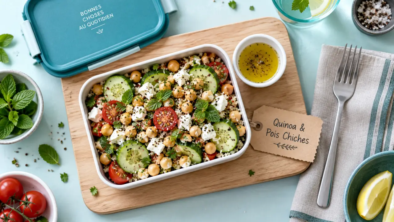 Recettes healthy faciles : lunch box quinoa pois chiches, feta et crudités