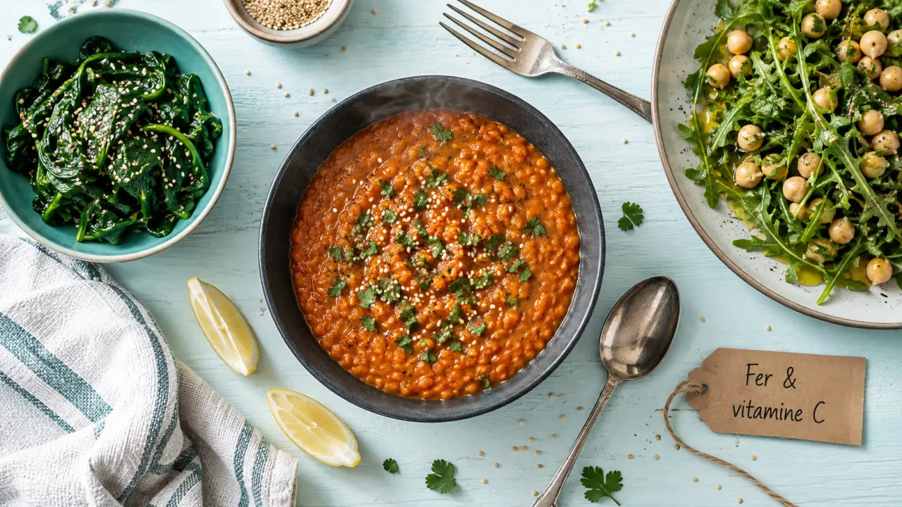 Repas riche en fer : bol de dahl de lentilles et épinards, citron