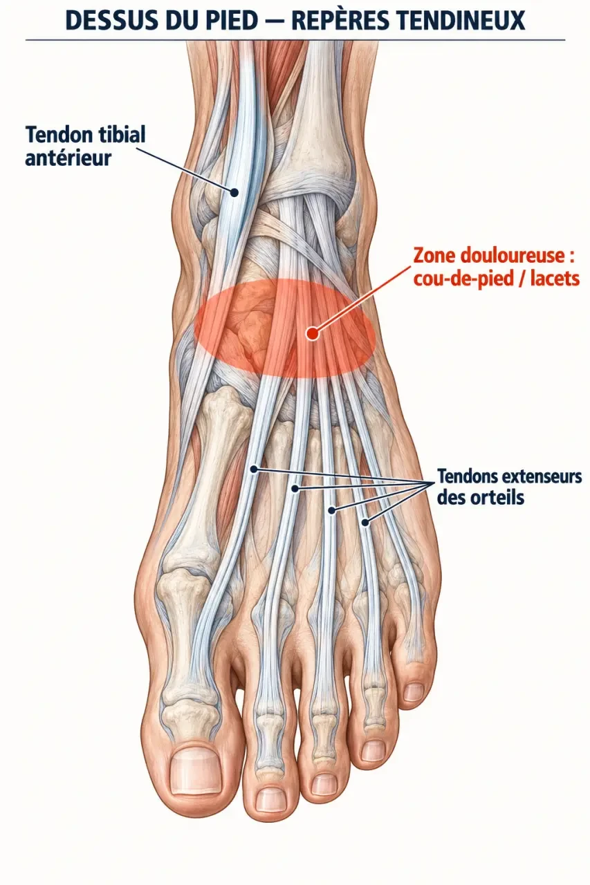 Schéma anatomique d’une tendinite dessus du pied montrant les tendons extenseurs et le tibial antérieur