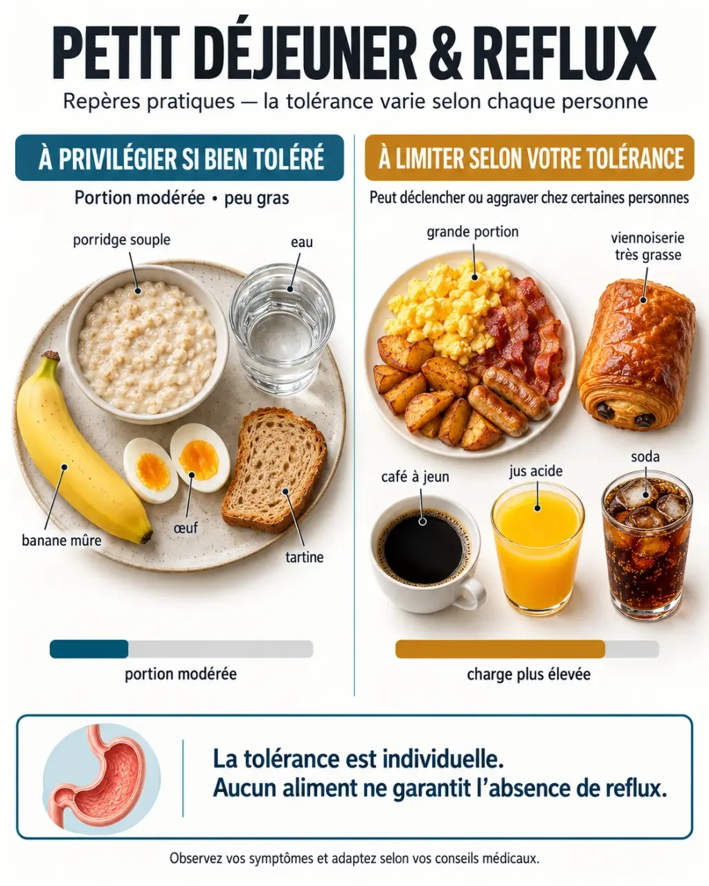 Infographie sur le petit déjeuner anti reflux gastrique avec aliments à privilégier et déclencheurs possibles