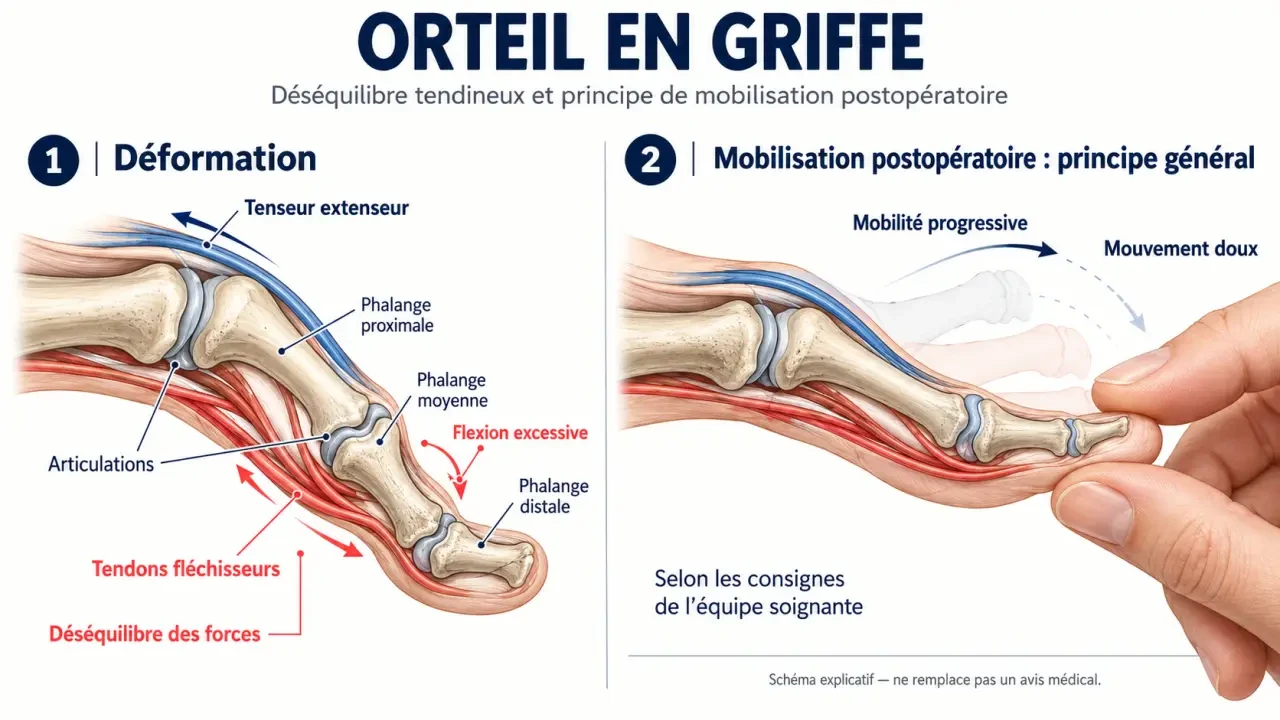 Orteil en griffe apres operation avis : schéma médical de la déformation et de la récupération postopératoire