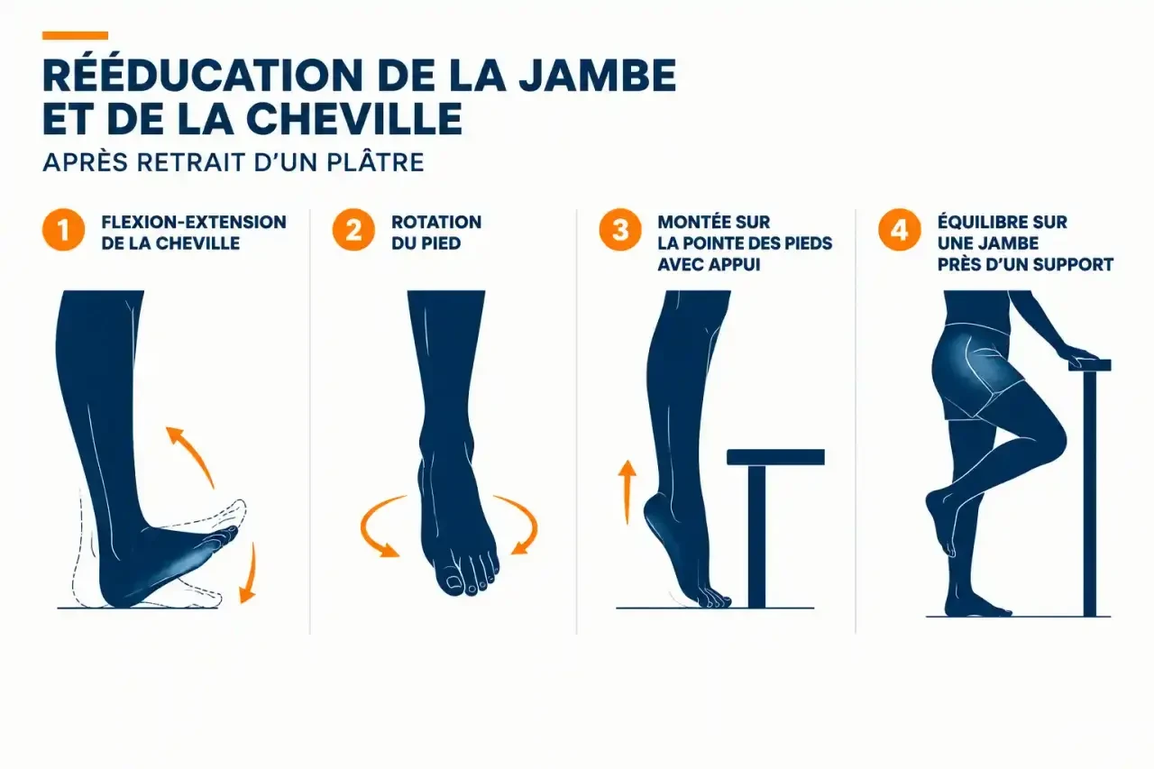 Exercices de mobilisation de la cheville et du pied après enlèvement du plâtre à la jambe : flexion, rotation, renforcement du mollet et équilibre