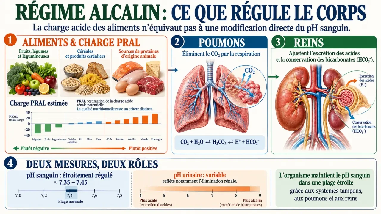 Infographie du régime alcalin, du PRAL et de la régulation du pH sanguin par les reins et les poumons