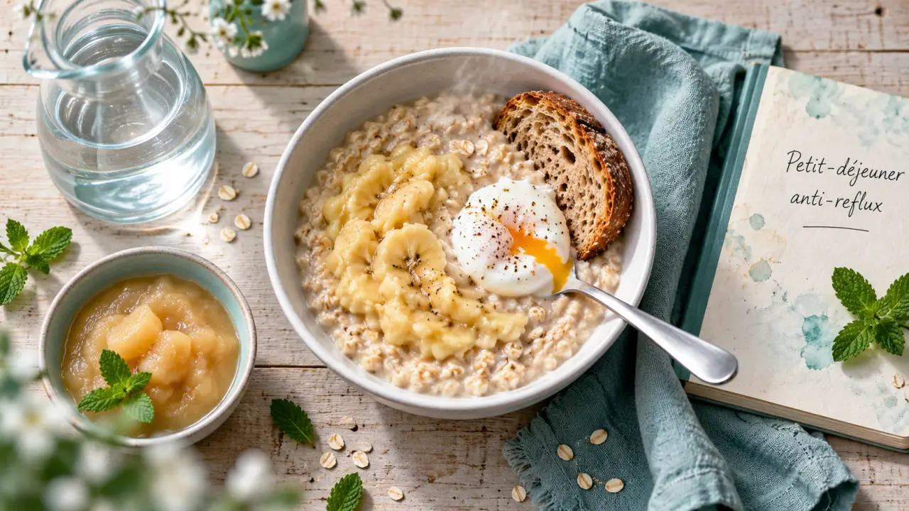 Petit déjeuner anti reflux gastrique : porridge, banane, œuf poché