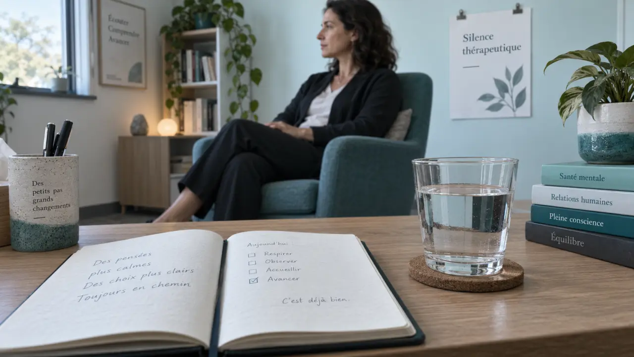 silence therapy en cabinet : carnet, eau, thérapeute sans geste