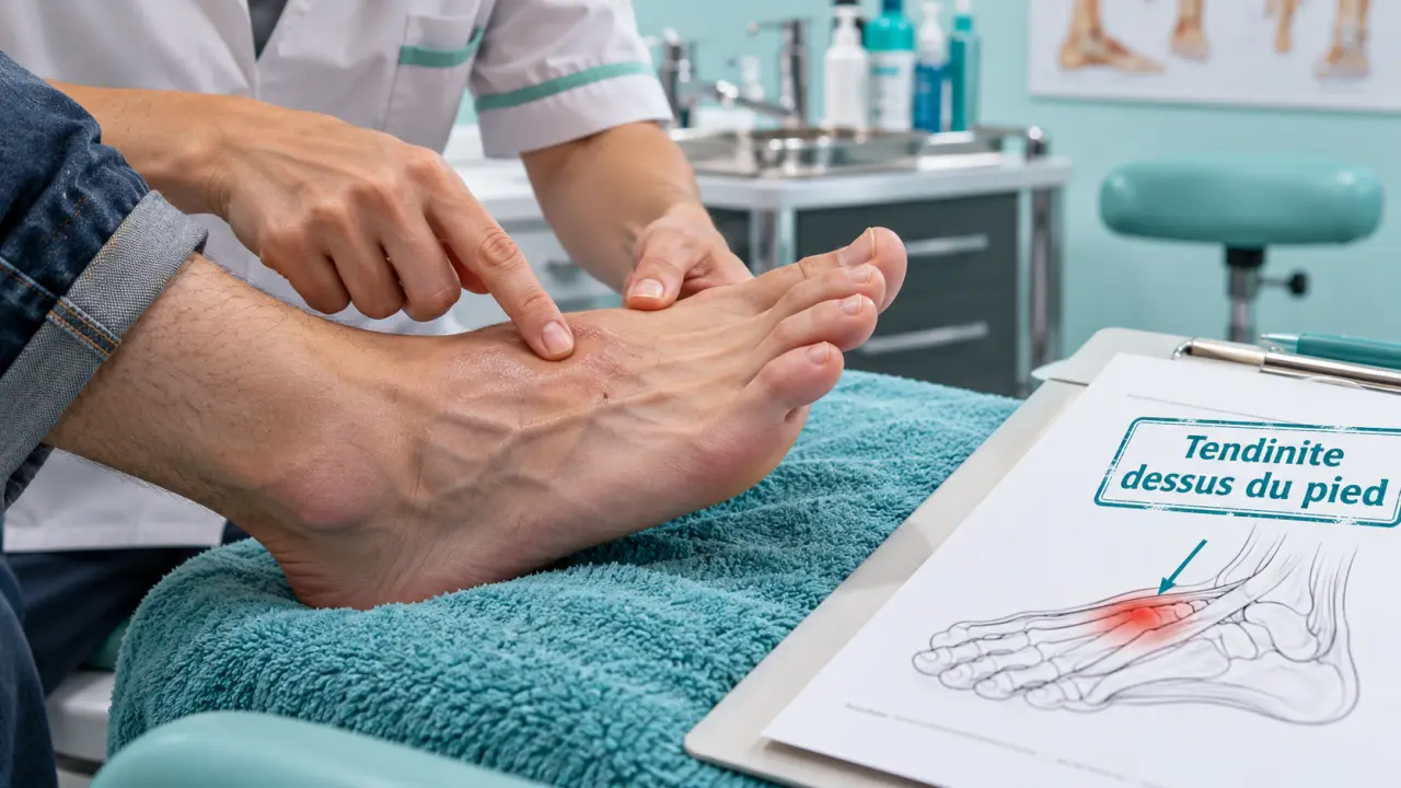Tendinite dessus du pied : podologue examine le cou-de-pied
